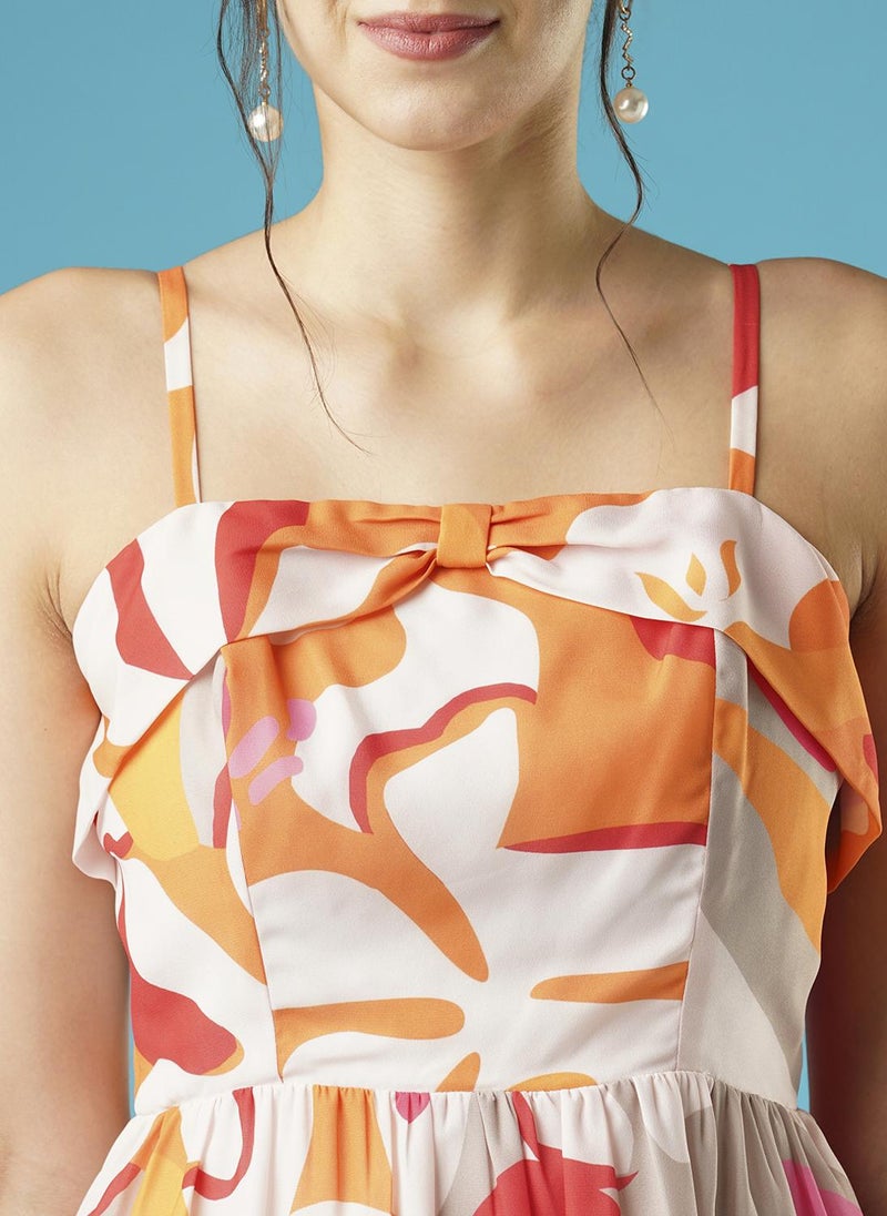 جلو باص فستان ميدي نسائي بطبعات زهور بياقة مربعة وأشرطة كتف وتصميم فيونكة وقصة مضلعة - Image 5